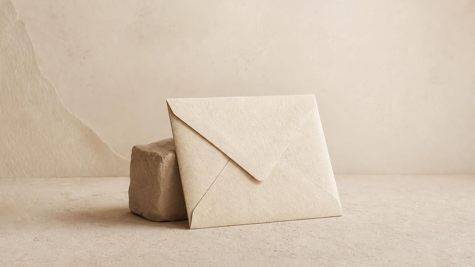 A closed envelope leaning against a small clay block