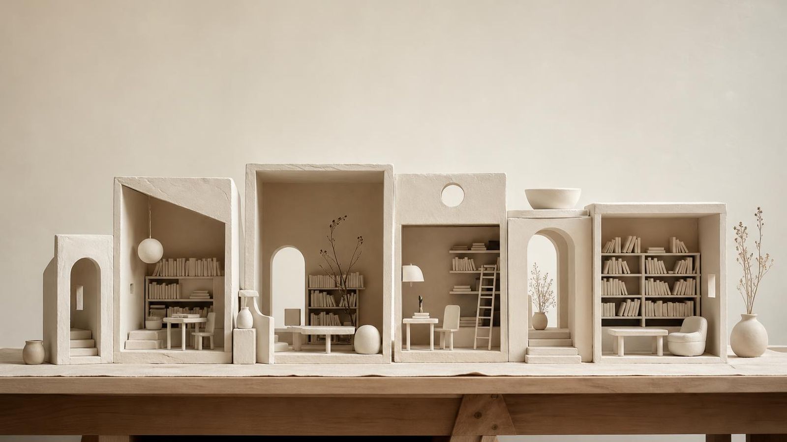 A small library of clay-white objects arranged like rooms on a long table