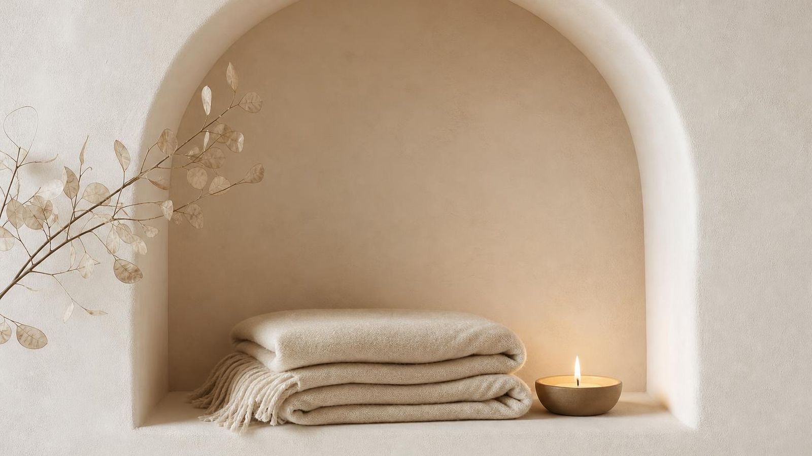 A folded blanket and a low candle inside a quiet alcove