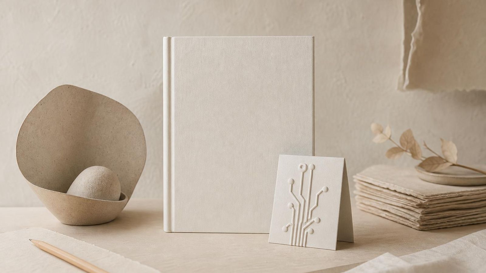 A clean paper-toned desk with a laptop open and soft blue light