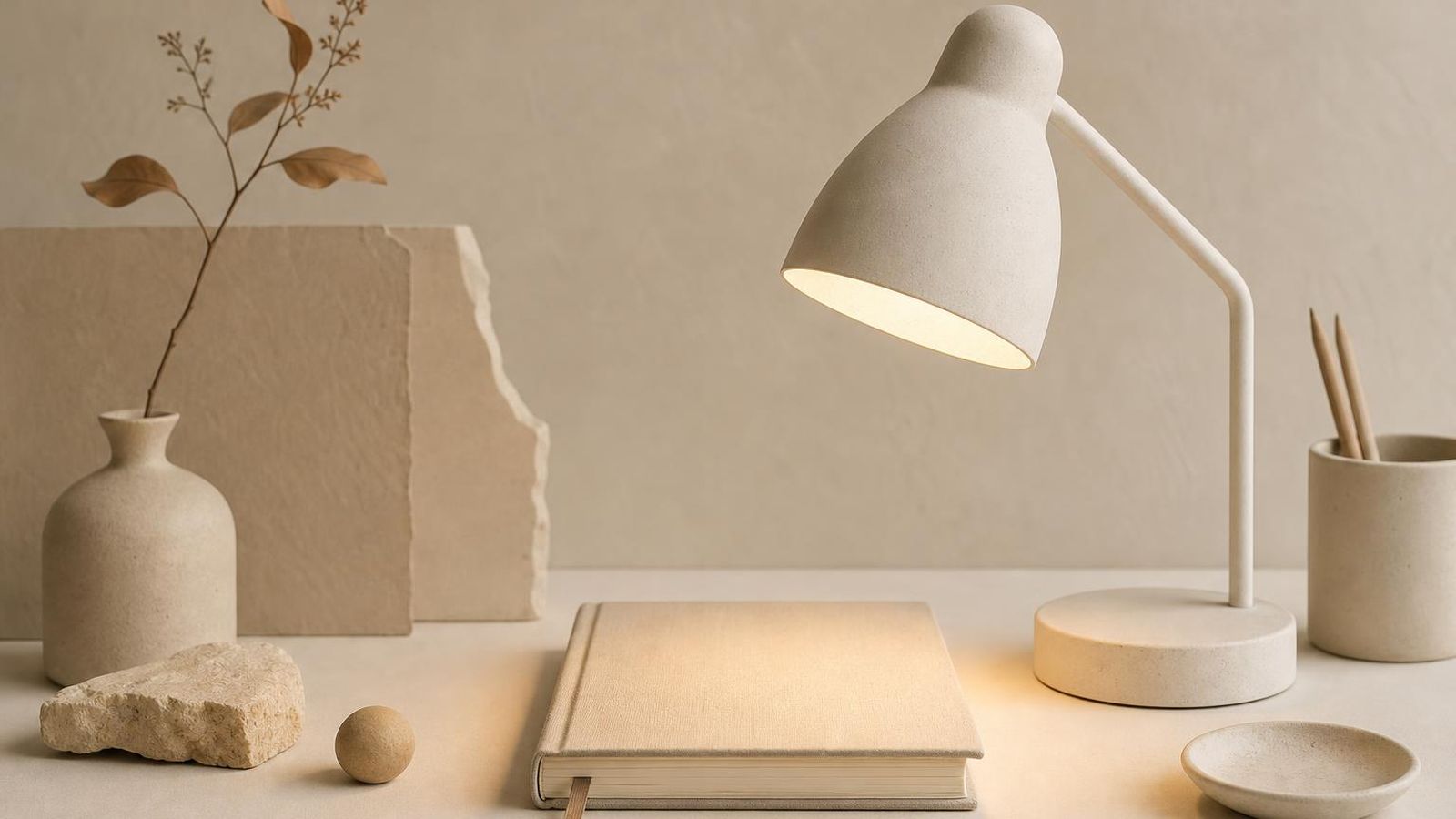 A single candle on a plain paper-toned desk in a quiet room