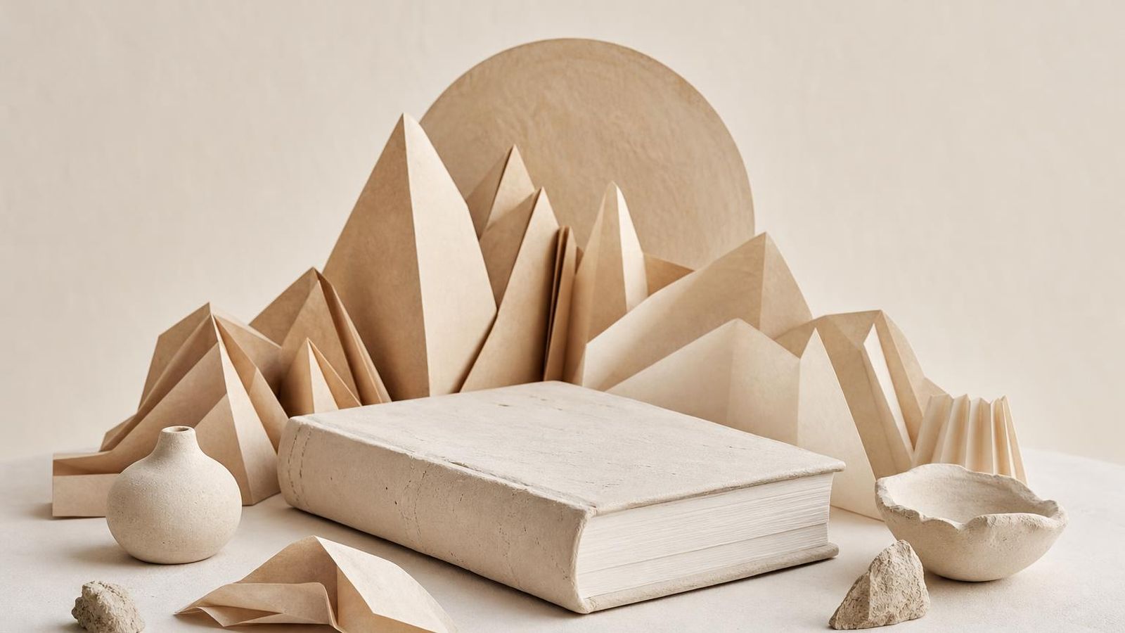 A plain natural-toned surface with a worn book and field notes