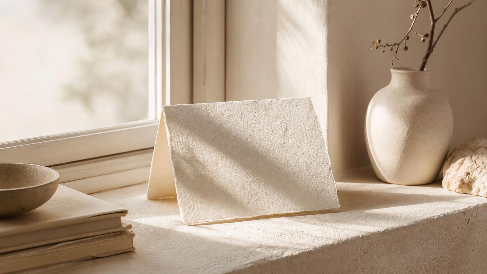 A plain paper-toned notebook open on a desk with a pen resting on it