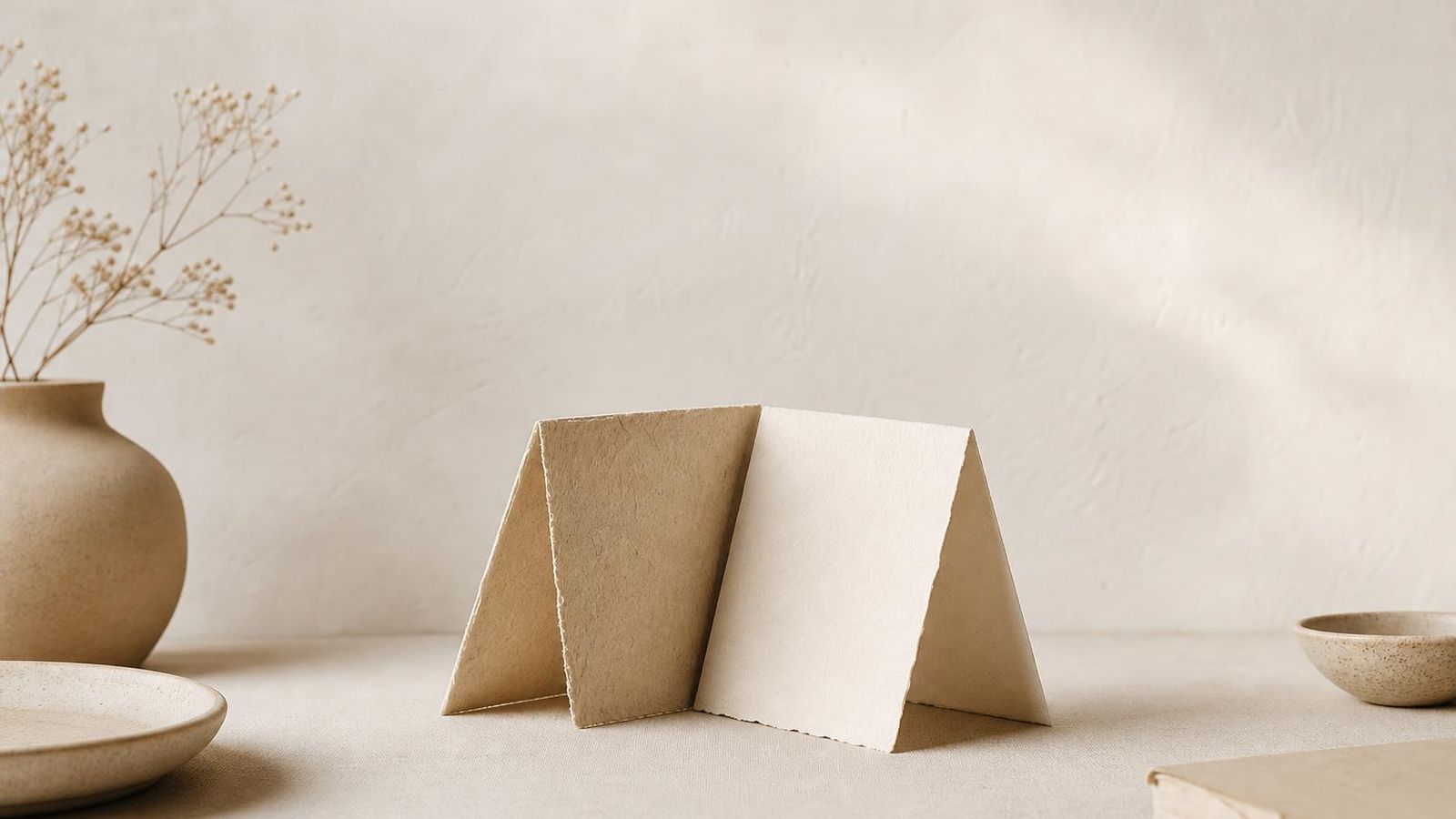 Two plain chairs at a simple table on a paper-toned floor