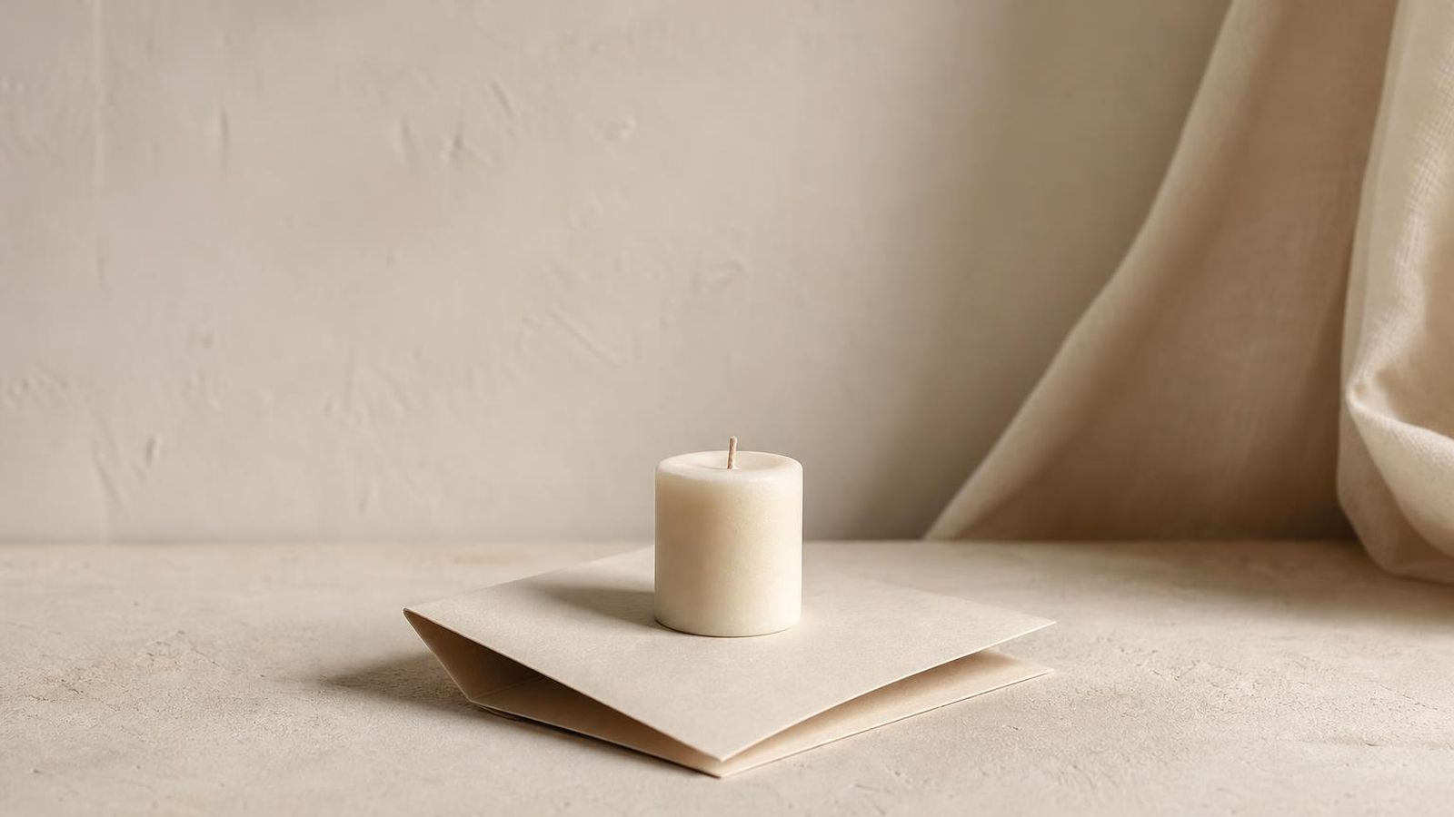 A single small candle on a plain paper-toned table in a quiet room