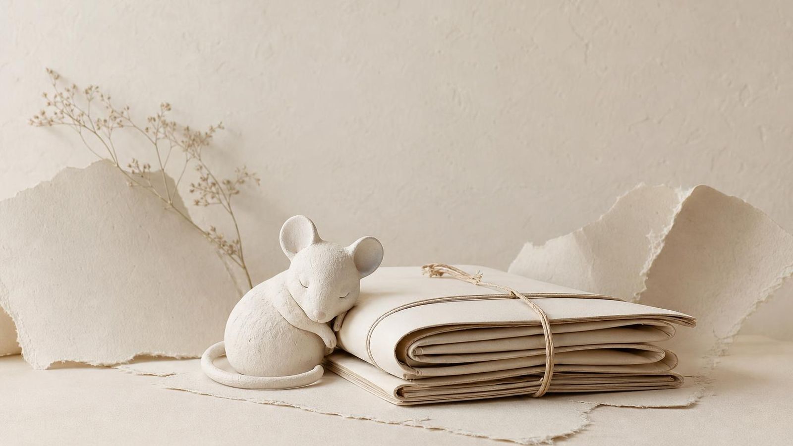 A small clay-white figurine of a mouse on a paper-toned surface