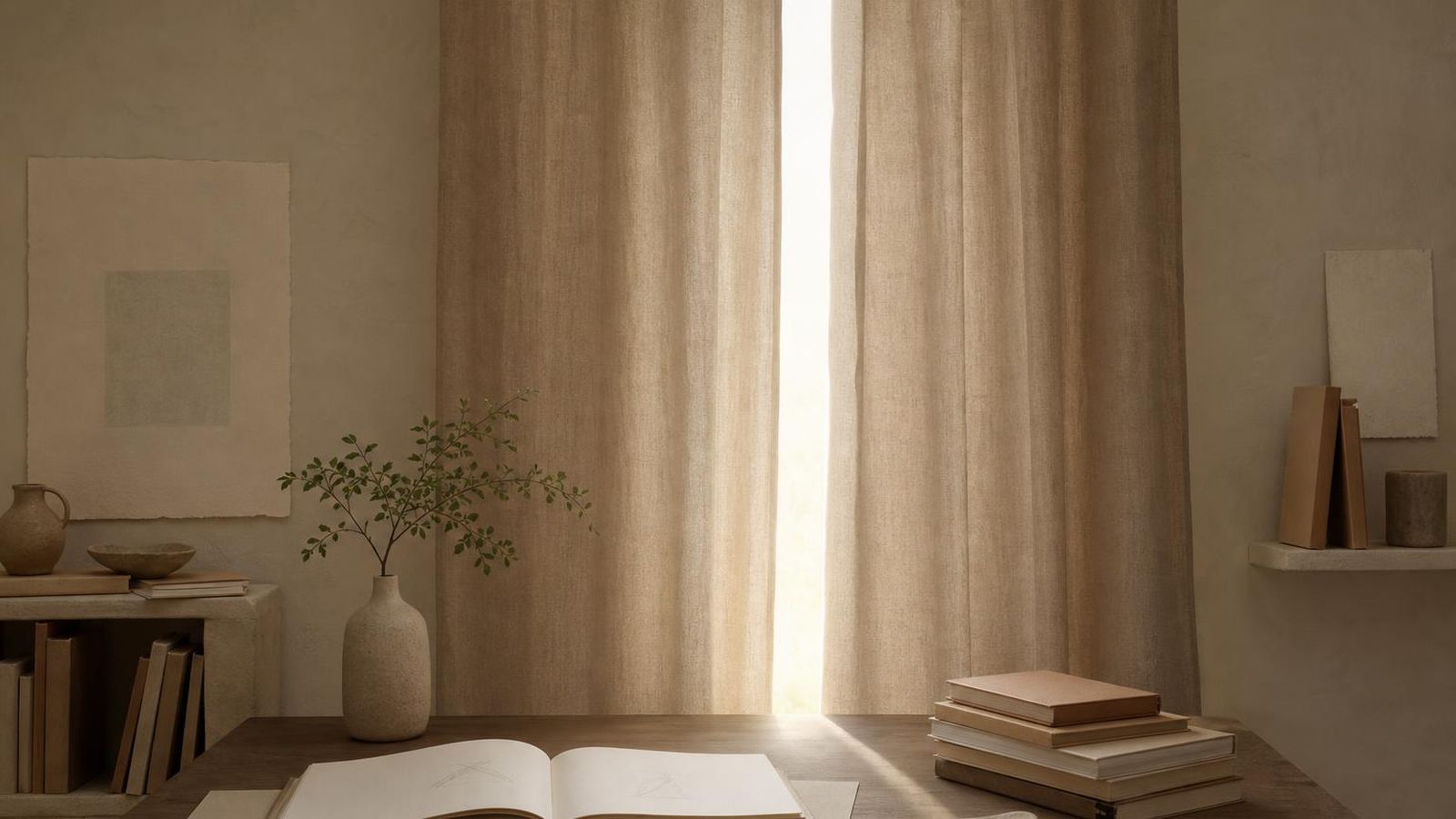 A muted paper-toned room with low afternoon light and a single chair