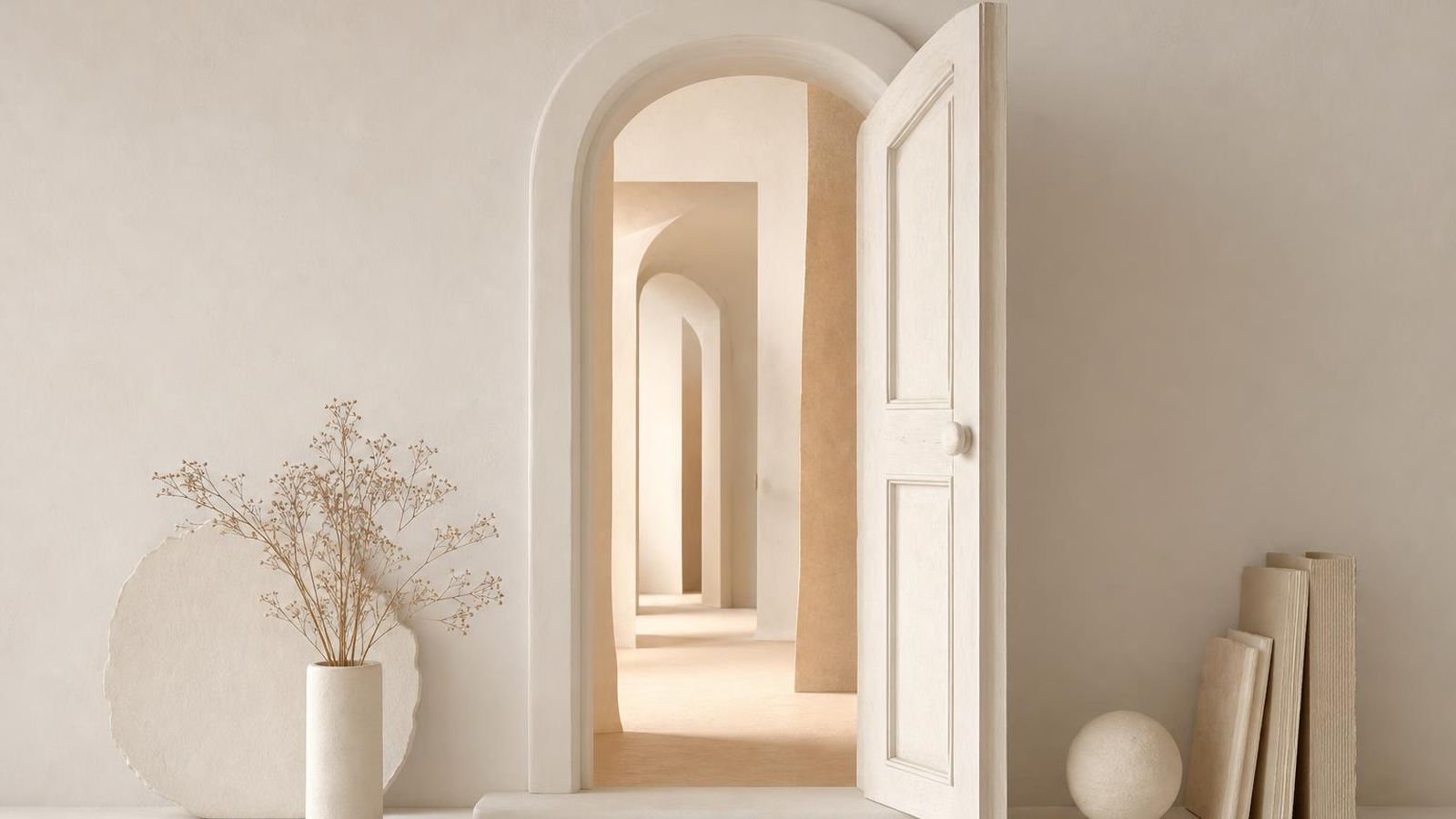 A clay-white doorway opening onto a soft paper-toned hallway